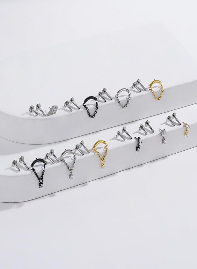 BelezaDosas G23 Titanium Labret Studs Threadless Push-in Labret Press Fit 16G Cluster Helix Lobe Conch Tragus Push Back Piercing Jewelry (gold chain CZ) - Image 3